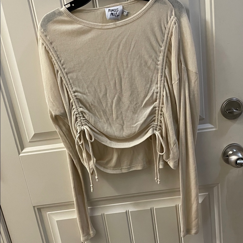Princess Polly Cream Ruched Drawstring Long Sleeve Crop Top - Picture 3 of 4
